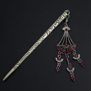 Antique Style Silver-Plated Hair Stick w/ Rhinestone Tassel Red